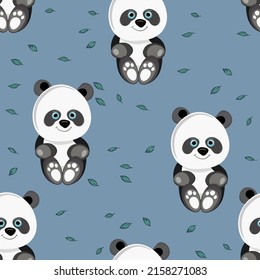 Seamless pattern with cute panda baby on color floral background. Funny asian animals. Card, postcards for kids. Flat vector illustration for fabric, textile, wallpaper, poster, gift wrapping paper.