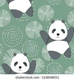 Nahtloses Muster mit süßem Panda-Baby auf floralem Hintergrund. Hübsche asiatische Tiere. Karte, Postkarten für Kinder. Flache Vektorgrafik für Gewebe, Textilien, Tapeten, Poster, Geschenkpapier.
