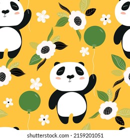 Seamless pattern with cute panda baby on color floral background. Funny asian animals. Card, postcards for kids. Flat vector illustration for fabric, textile, wallpaper, poster, gift wrapping paper.