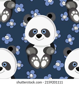 Seamless pattern with cute panda baby on color floral background. Funny asian animals. Card, postcards for kids. Flat vector illustration for fabric, textile, wallpaper, poster, gift wrapping paper.