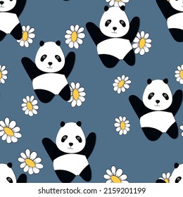 Seamless pattern with cute panda baby on color floral background. Funny asian animals. Card, postcards for kids. Flat vector illustration for fabric, textile, wallpaper, poster, gift wrapping paper.