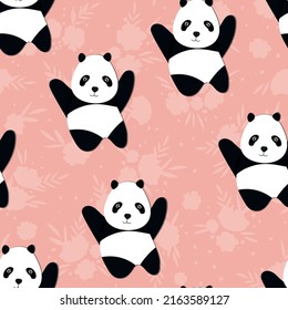 Seamless pattern with cute panda baby on color floral background. Funny asian animals. Card, postcards for kids. Flat vector illustration for fabric, textile, wallpaper, poster, gift wrapping paper.