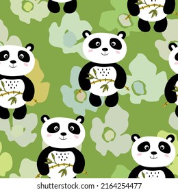 Seamless pattern with cute panda baby on color background. Funny asian animals. Card, postcards for kids. Flat vector illustration for fabric, textile, wallpaper, poster, gift wrapping paper.