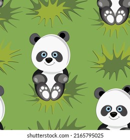 Seamless pattern with cute panda baby on color background. Funny asian animals. Card, postcards for kids. Flat vector illustration for fabric, textile, wallpaper, poster, gift wrapping paper.