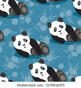 Seamless pattern with cute panda baby on color background. Funny asian animals. Card, postcards for kids. Flat vector illustration for fabric, textile, wallpaper, poster, gift wrapping paper.