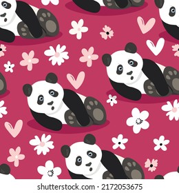 Seamless pattern with cute panda baby on color background. Funny asian animals. Card, postcards for kids. Flat vector illustration for fabric, textile, wallpaper, poster, gift wrapping paper.