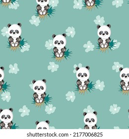 Seamless pattern with cute panda baby on color background. Funny asian animals. Card, postcards for kids. Flat vector illustration for fabric, textile, wallpaper, poster, gift wrapping paper.