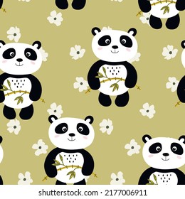 Seamless pattern with cute panda baby on color background. Funny asian animals. Card, postcards for kids. Flat vector illustration for fabric, textile, wallpaper, poster, gift wrapping paper.