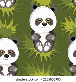 Seamless pattern with cute panda baby on color background. Funny asian animals. Card, postcards for kids. Flat vector illustration for fabric, textile, wallpaper, poster, gift wrapping paper.