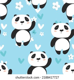 Seamless pattern with cute panda baby on color floral background. Funny asian animals. Card, postcards for kids. Flat vector illustration for fabric, textile, wallpaper, poster, gift wrapping paper.