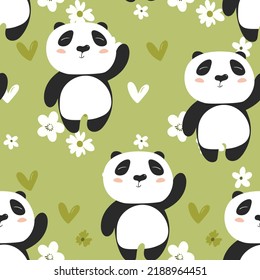 Seamless pattern with cute panda baby on color floral background. Funny asian animals. Card, postcards for kids. Flat vector illustration for fabric, textile, wallpaper, poster, gift wrapping paper.