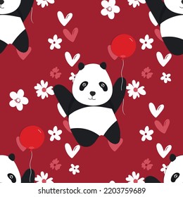 Seamless pattern with cute panda baby on color floral background. Funny asian animals. Card, postcards for kids. Flat vector illustration for fabric, textile, wallpaper, poster, gift wrapping paper.