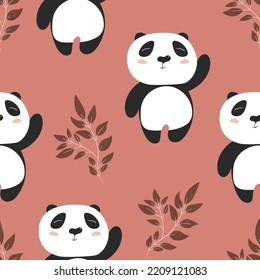Seamless pattern with cute panda baby on color floral background. Funny asian animals. Card, postcards for kids. Flat vector illustration for fabric, textile, wallpaper, poster, gift wrapping paper.