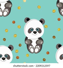 Seamless pattern with cute panda baby on color background. Funny asian animals. Card, postcards for kids. Flat vector illustration for fabric, textile, wallpaper, poster, gift wrapping paper.