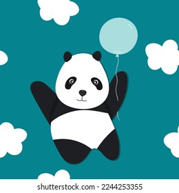 Seamless pattern with cute panda baby on color background. Funny asian animals. Card, postcards for kids. Flat vector illustration for fabric, textile, wallpaper, poster, gift wrapping paper.