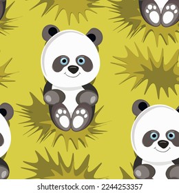 Seamless pattern with cute panda baby on color background. Funny asian animals. Card, postcards for kids. Flat vector illustration for fabric, textile, wallpaper, poster, gift wrapping paper.