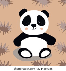 Seamless pattern with cute panda baby on color background. Funny asian animals. Card, postcards for kids. Flat vector illustration for fabric, textile, wallpaper, poster, gift wrapping paper.