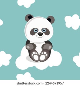 Seamless pattern with cute panda baby on color background. Funny asian animals. Card, postcards for kids. Flat vector illustration for fabric, textile, wallpaper, poster, gift wrapping paper.