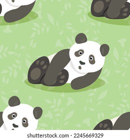 Seamless pattern with cute panda baby on color floral background. Funny asian animals. Card, postcards for kids. Flat vector illustration for fabric, textile, wallpaper, poster, gift wrapping paper.