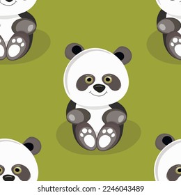 Seamless pattern with cute panda baby on color background. Funny asian animals. Card, postcards for kids. Flat vector illustration for fabric, textile, wallpaper, poster, gift wrapping paper.