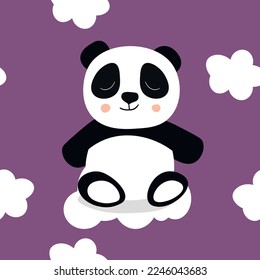 Seamless pattern with cute panda baby on color background. Funny asian animals. Card, postcards for kids. Flat vector illustration for fabric, textile, wallpaper, poster, gift wrapping paper.