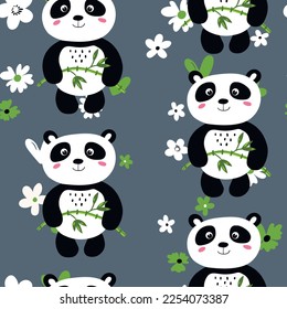 Seamless pattern with cute panda baby on color floral background. Funny asian animals. Card, postcards for kids. Flat vector illustration for fabric, textile, wallpaper, poster, gift wrapping paper.