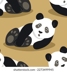 Seamless pattern with cute panda baby on color background. Funny asian animals. Card, postcards for kids. Flat vector illustration for fabric, textile, wallpaper, poster, gift wrapping paper.