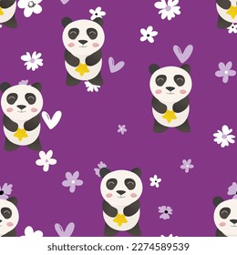 Seamless pattern with cute panda baby on color background. Funny asian animals. Card, postcards for kids. Flat vector illustration for fabric, textile, wallpaper, poster, gift wrapping paper.