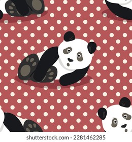 Seamless pattern with cute panda baby on color background. Funny asian animals. Card, postcards for kids. Flat vector illustration for fabric, textile, wallpaper, poster, gift wrapping paper.