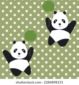 Seamless pattern with cute panda baby on color background. Funny asian animals. Card, postcards for kids. Flat vector illustration for fabric, textile, wallpaper, poster, gift wrapping paper.