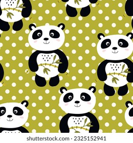 Seamless pattern with cute panda baby on color background. Funny asian animals. Card, postcards for kids. Flat vector illustration for fabric, textile, wallpaper, poster, gift wrapping paper.
