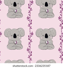 Seamless pattern with cute panda baby on color background. Funny asian animals. Card, postcards for kids. Flat vector illustration for fabric, textile, wallpaper, poster, gift wrapping paper.