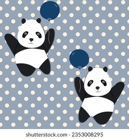 Seamless pattern with cute panda baby on color background. Funny asian animals. Card, postcards for kids. Flat vector illustration for fabric, textile, wallpaper, poster, gift wrapping paper.