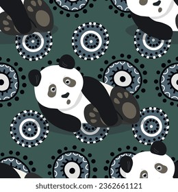 Seamless pattern with cute panda baby on color background. Funny asian animals. Card, postcards for kids. Flat vector illustration for fabric, textile, wallpaper, poster, gift wrapping paper.