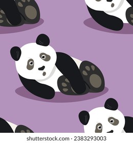 Seamless pattern with cute panda baby on color background. Funny asian animals. Card, postcards for kids. Flat vector illustration for fabric, textile, wallpaper, poster, gift wrapping paper.