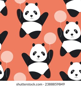 Seamless pattern with cute panda baby on color background. Funny asian animals. Card, postcards for kids. Flat vector illustration for fabric, textile, wallpaper, poster, gift wrapping paper.