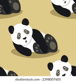 Seamless pattern with cute panda baby on color background. Funny asian animals. Card, postcards for kids. Flat vector illustration for fabric, textile, wallpaper, poster, gift wrapping paper.