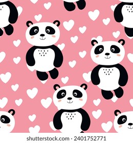 Seamless pattern with cute panda baby on color background. Funny asian animals. Card, postcards for kids. Flat vector illustration for fabric, textile, wallpaper, poster, gift wrapping paper.
