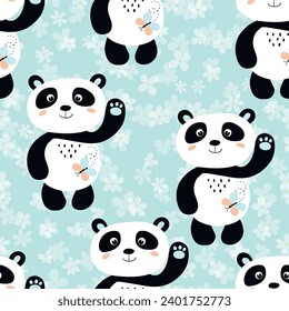 Seamless pattern with cute panda baby on color floral background. Funny asian animals. Card, postcards for kids. Flat vector illustration for fabric, textile, wallpaper, gift wrapping paper.