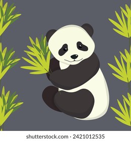 Seamless pattern with cute panda baby on color background. Funny asian animals. Card, postcards for kids. Flat vector illustration for fabric, textile, wallpaper, poster, gift wrapping paper.
