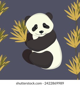 Seamless pattern with cute panda baby on color background. Funny asian animals. Card, postcards for kids. Flat vector illustration for fabric, textile, wallpaper, poster, gift wrapping paper.