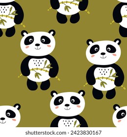 Seamless pattern with cute panda baby on color background. Funny asian animals. Card, postcards for kids. Flat vector illustration for fabric, textile, wallpaper, poster, gift wrapping paper.