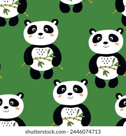 Seamless pattern with cute panda baby on color background. Funny asian animals. Card, postcards for kids. Flat vector illustration for fabric, textile, wallpaper, poster, gift wrapping paper.