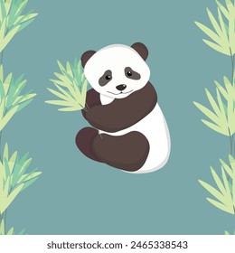 Seamless pattern with cute panda baby on color background. Funny asian animals. Card, postcards for kids. Flat vector illustration for fabric, textile, wallpaper, poster, gift wrapping paper.