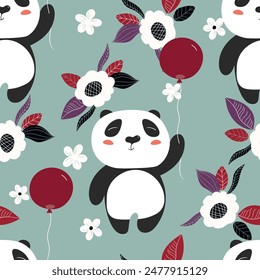 Seamless pattern with cute panda baby on color background. Funny asian animals. Card, postcards for kids. Flat vector illustration for fabric, textile, wallpaper, poster, gift wrapping paper.