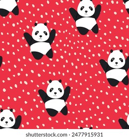 Seamless pattern with cute panda baby on color background. Funny asian animals. Card, postcards for kids. Flat vector illustration for fabric, textile, wallpaper, poster, gift wrapping paper.
