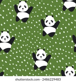 Seamless pattern with cute panda baby on color background. Funny asian animals. Card, postcards for kids. Flat vector illustration for fabric, textile, wallpaper, poster, gift wrapping paper.