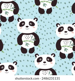 Seamless pattern with cute panda baby on color background. Funny asian animals. Card, postcards for kids. Flat vector illustration for fabric, textile, wallpaper, poster, gift wrapping paper.