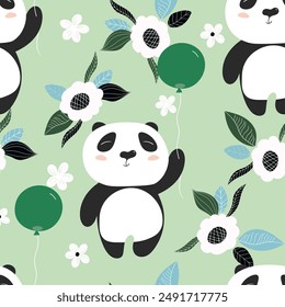 Seamless pattern with cute panda baby on color background. Funny asian animals. Card, postcards for kids. Flat vector illustration for fabric, textile, wallpaper, poster, gift wrapping paper.