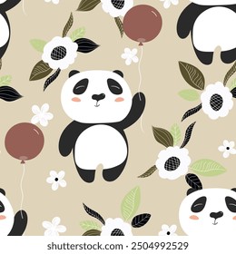 Seamless pattern with cute panda baby on color background. Funny asian animals. Card, postcards for kids. Flat vector illustration for fabric, textile, wallpaper, poster, gift wrapping paper.